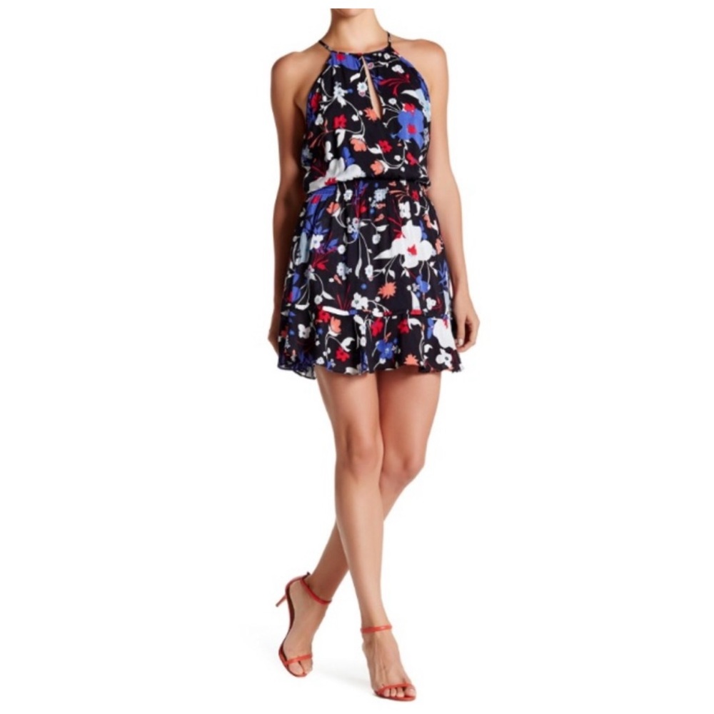 Parker Nathan Floral Keyhole front Faux Wrap Ruffle Hem Dress size medium